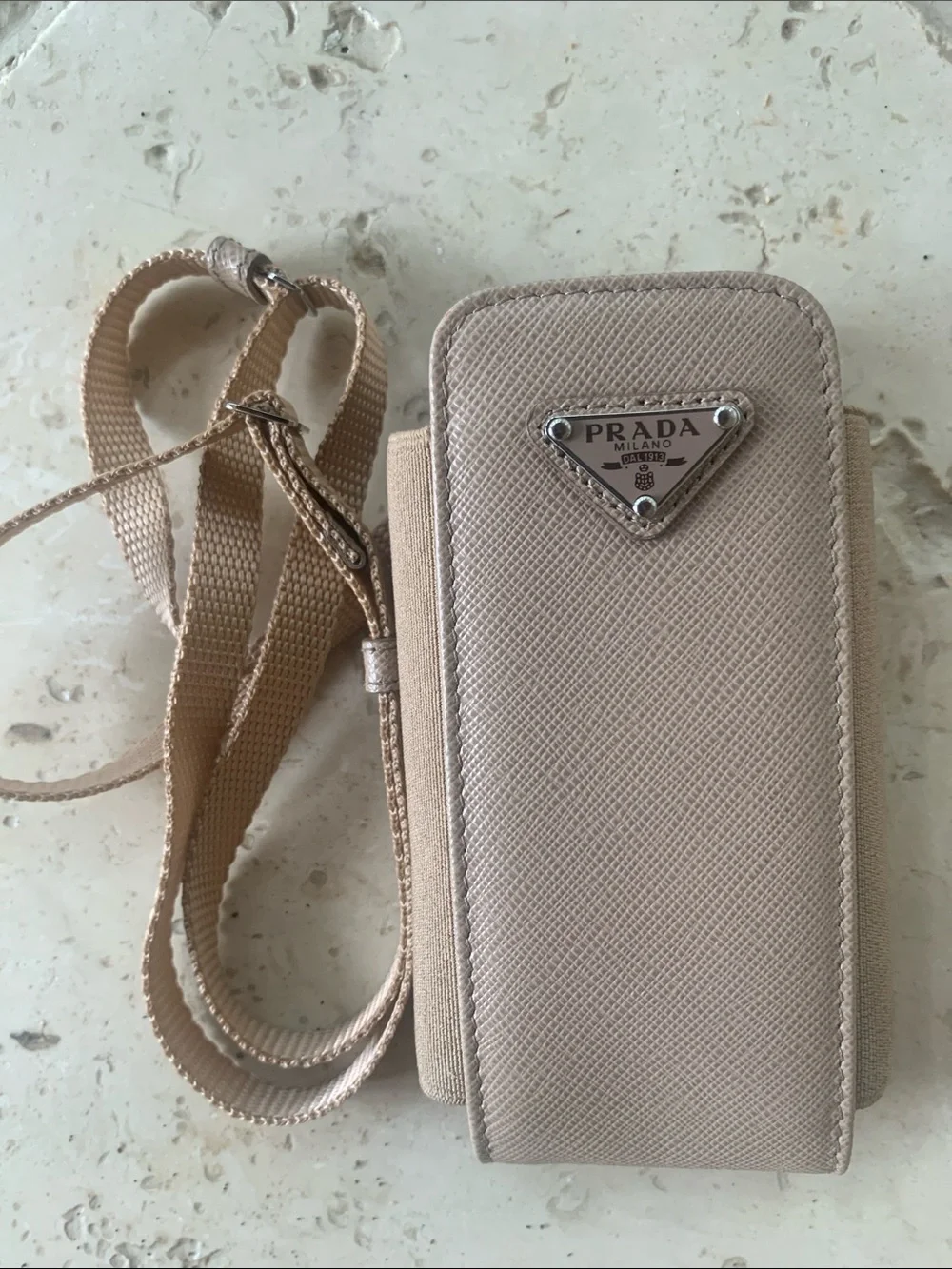 Prada Taupe Saffiano Phone Pouch with Strap Authentic